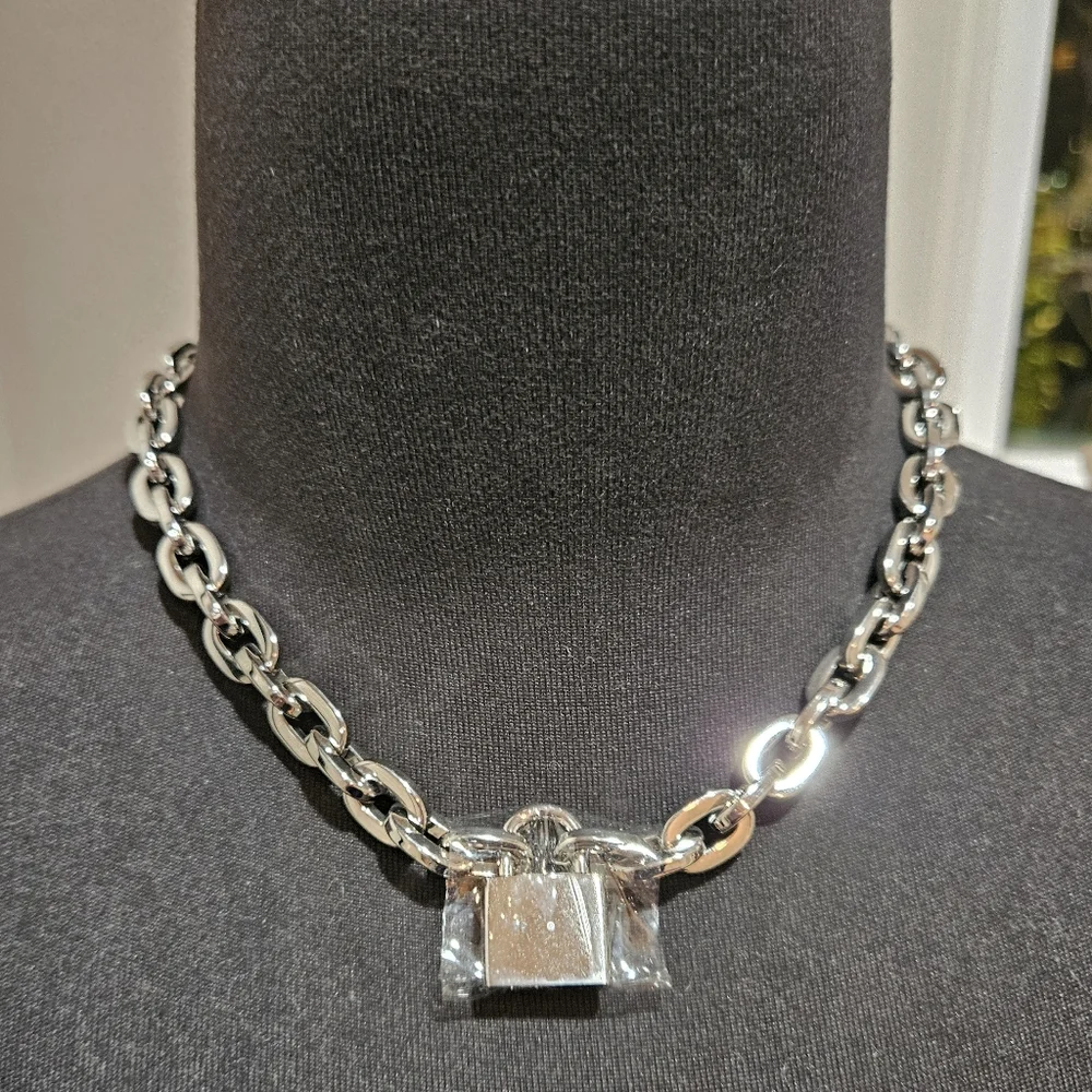 Michael Kors Square Chain Link Padlock Necklace Silver Plate Stainless Steel NWT - Picture 13 of 16
